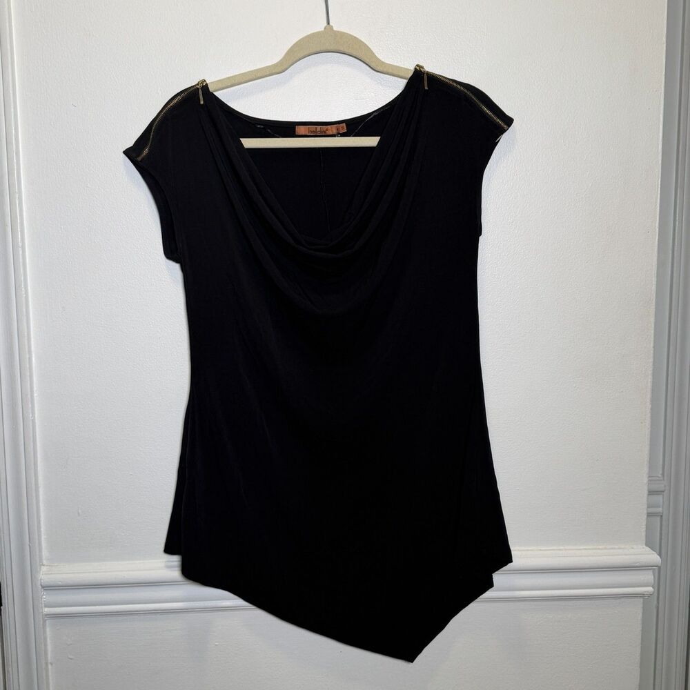 Bellini Black Asymmetrical Hem Blouse Size Small Draped Neck Cap Sleeve Stretch